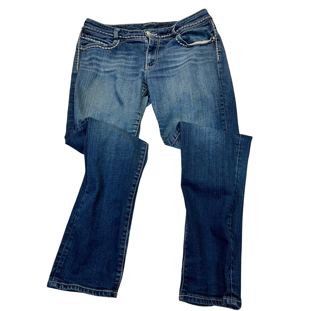 Seven7 Womens Bootcut Jeans Blue Medium Wash Contrast Stitch Embellished Size 31